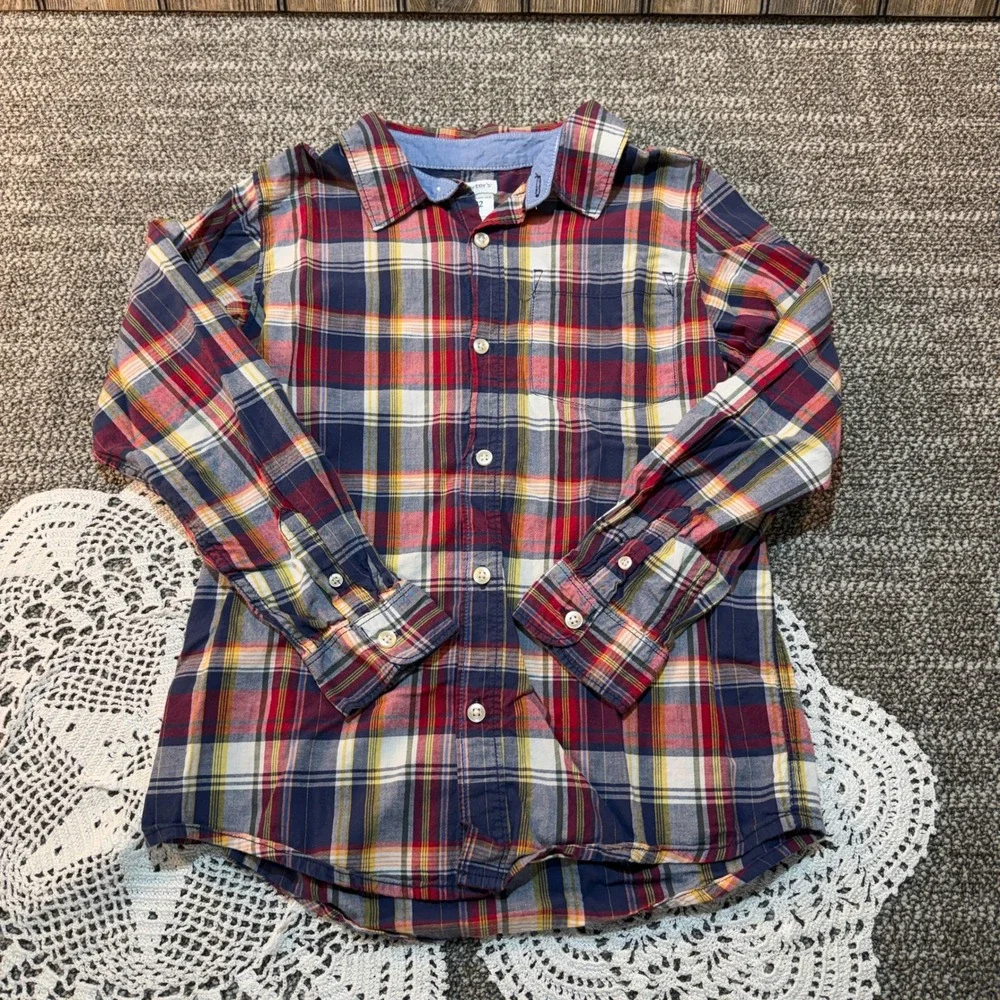 Carters Boys Size 12 Red Navy Plaid Long Sleeve Cotton Button Down Shirt